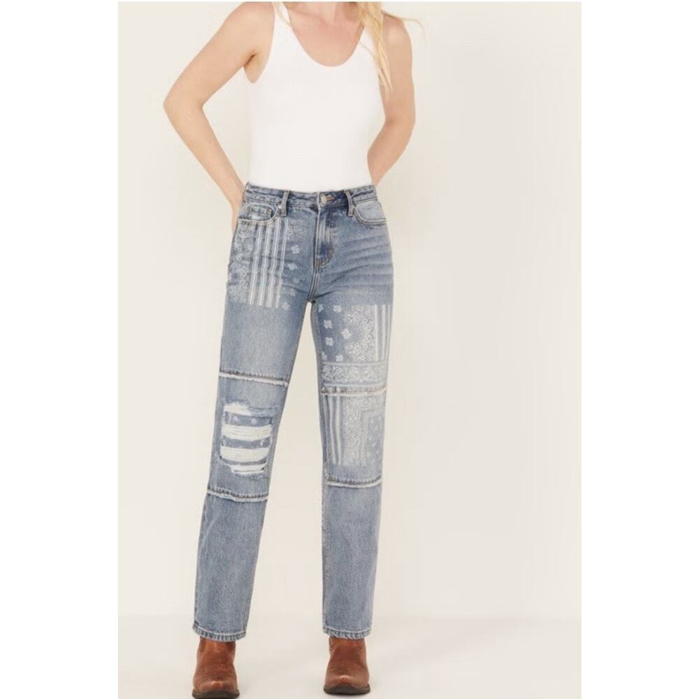 CLEO + Wolf Women's High Rise Straight Jeans Embroidered Patchwork 31x30 Boho